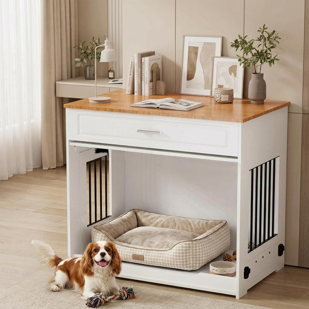 Wooden Flip-Up Door 360° Rotating Dog Bowl & Storage Drawer Furniture Style Dog Crate, White