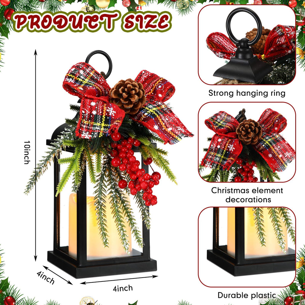 6 Pcs Christmas Decorative Lantern 10 Inch Candle Lanterns with Flickering LED Flameless Candle Plaid Bow Berry