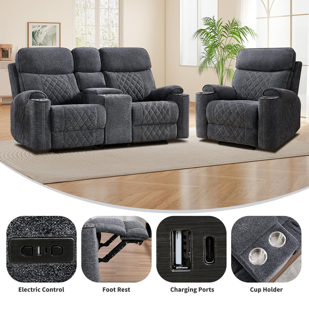 Power Reclining Sofa Set, Fabric Electric Recliner Chair and Loveseat Sofa with Cup Holders, USB and Type-C Charging