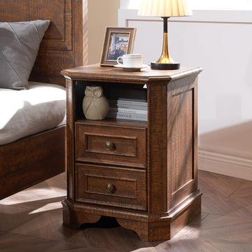 Farmhouse Nightstand with Charging Station, 18" End Table with 2 Drawers, Wood Side Table, Bedside Cabinet (Brown)