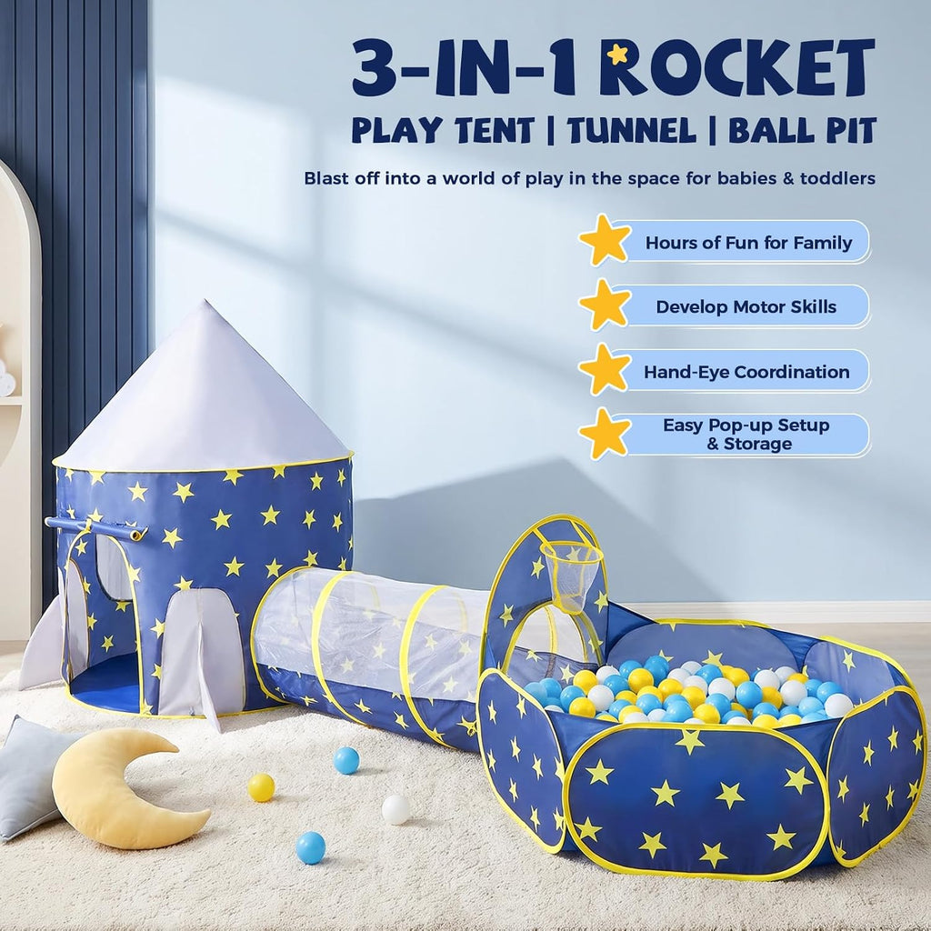 3pc Kids Play Tent for Boys with Ball Pit, Crawl Tunnel, Princess Tents for Toddlers, Baby Space World Playhouse