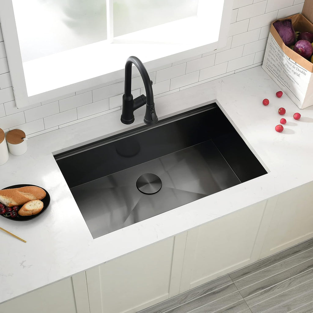 32x19 Black Undermount Kitchen Sink, 32 Inch 16Gauge Black Stainless Steel Undermount Kitchen Sink, Single Bowl