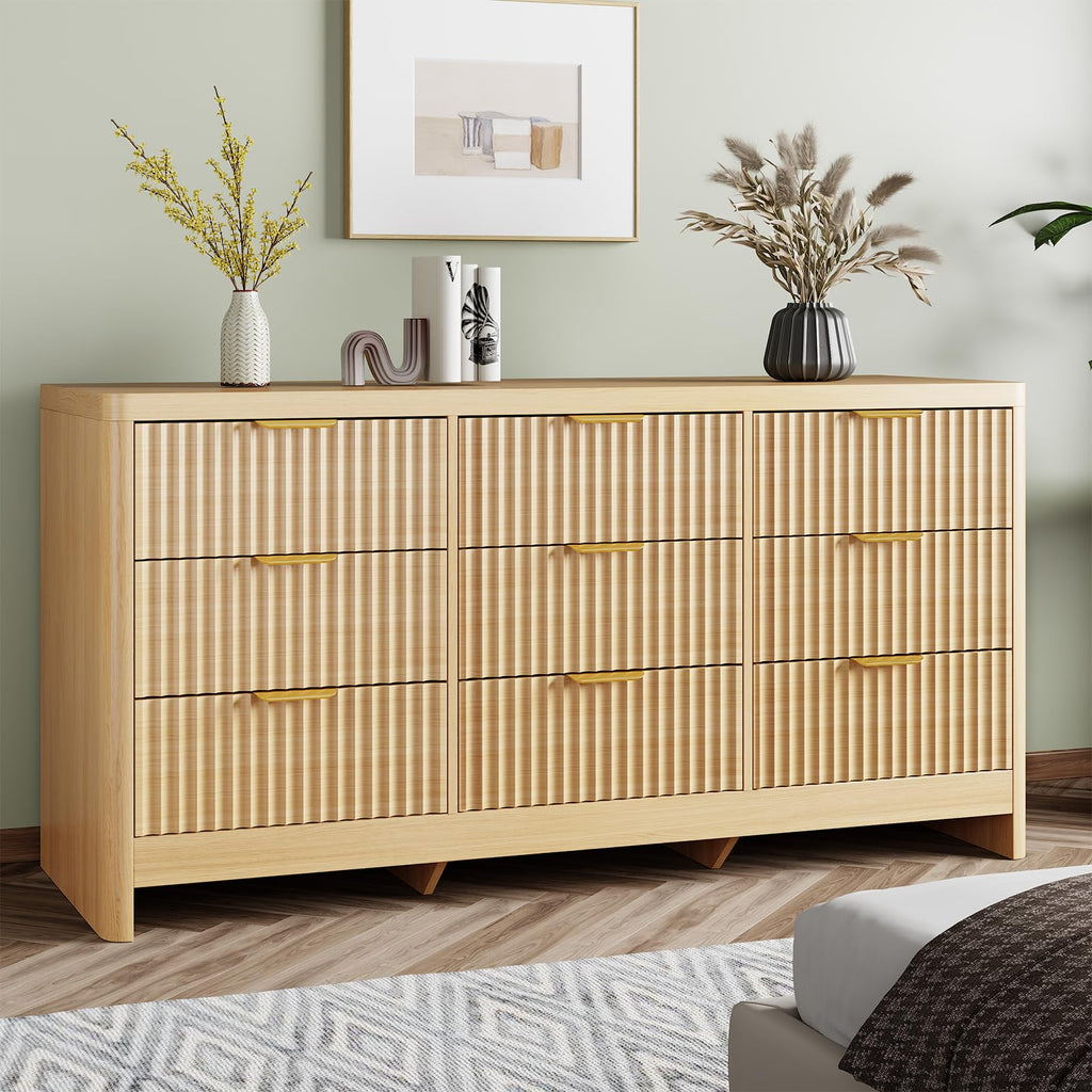 Fluted 9 Drawer Dresser, 59" Horizontal Wide Modern Low Profile Chest of Drawers with Metal Handle & Storage, Long