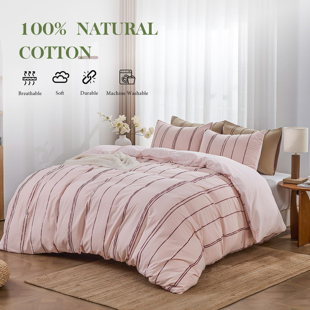 100% Cotton Striped Duvet Cover Set, 3Pcs Boho Linen-Like Textured Comforter Cover with Embroidered
