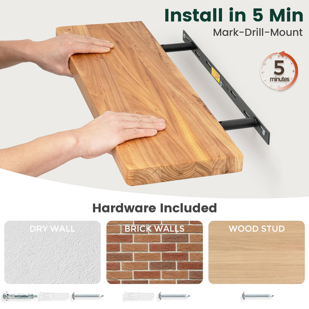 55in Solid Elm Wood Floating Shelves for Wall, Natural, Set of 1