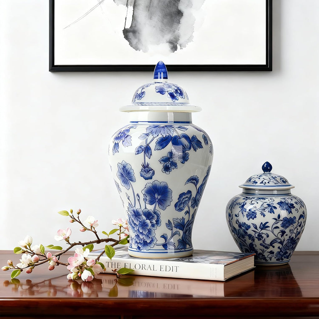 11′′ Blue & White Ginger Jar with Lid Classic Peony Home Decor Aesthetic