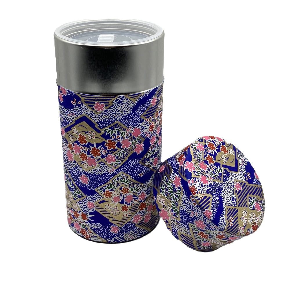 Japanese Tea Canister Tin Sakura Blizzard on a Rhombus Pattern Blue/Double Lid/Japanese YUZEN Washi Paper Pasted