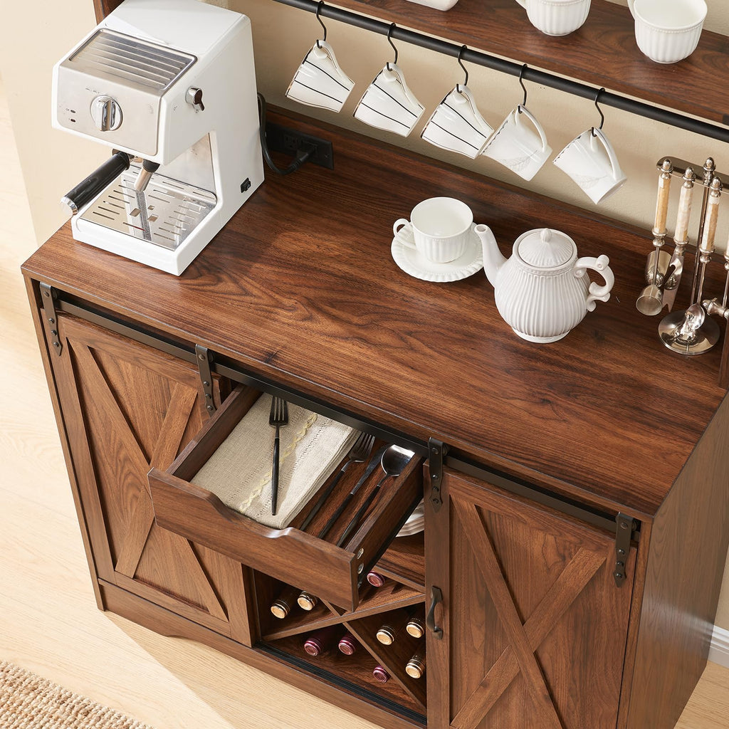 Farmhouse Coffee Bar Cabinet with Charging Station and USB, Brown