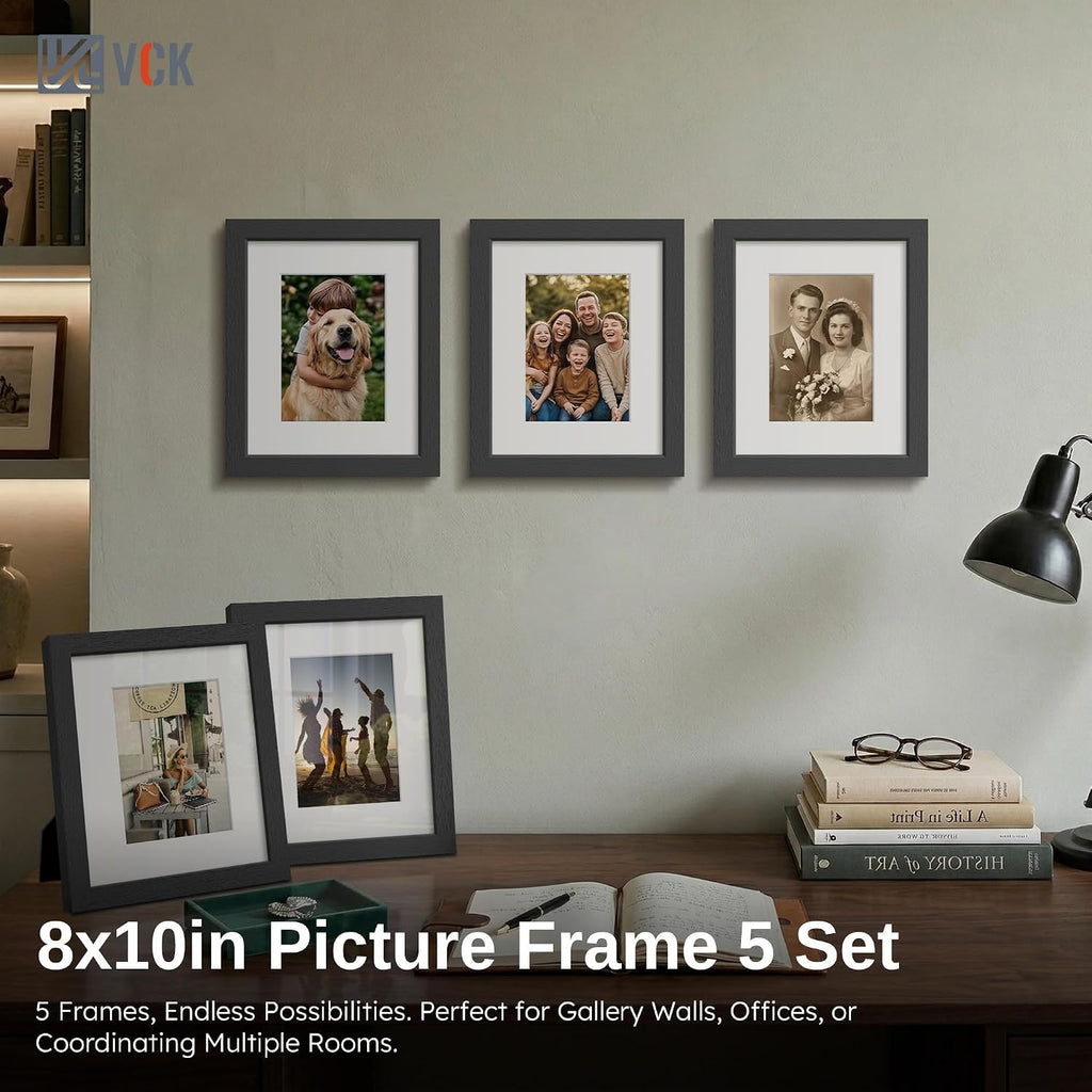 8x10 Picture Frame Black - 5 Pack, with Tempered Glass, Displays 5x7 Photo with Mat or 8 x 10 Without, for