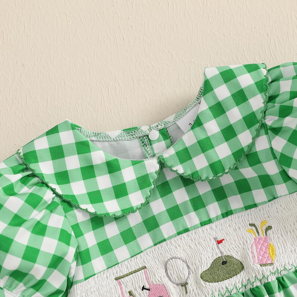 Baby Girl Smocked Bubble Romper Golf Embroidery Short Sleeve Peter Pan Collar Bodysuit Newborn Summer Clothes