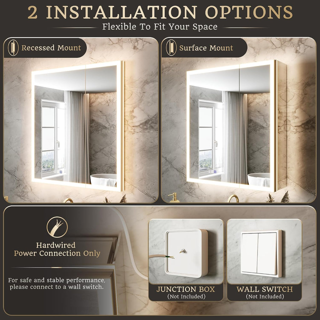 28x32 Lighted Medicine Cabinet, Separate Front & Back Lights | Surface/Recessed LED Medicine Cabinet with Side