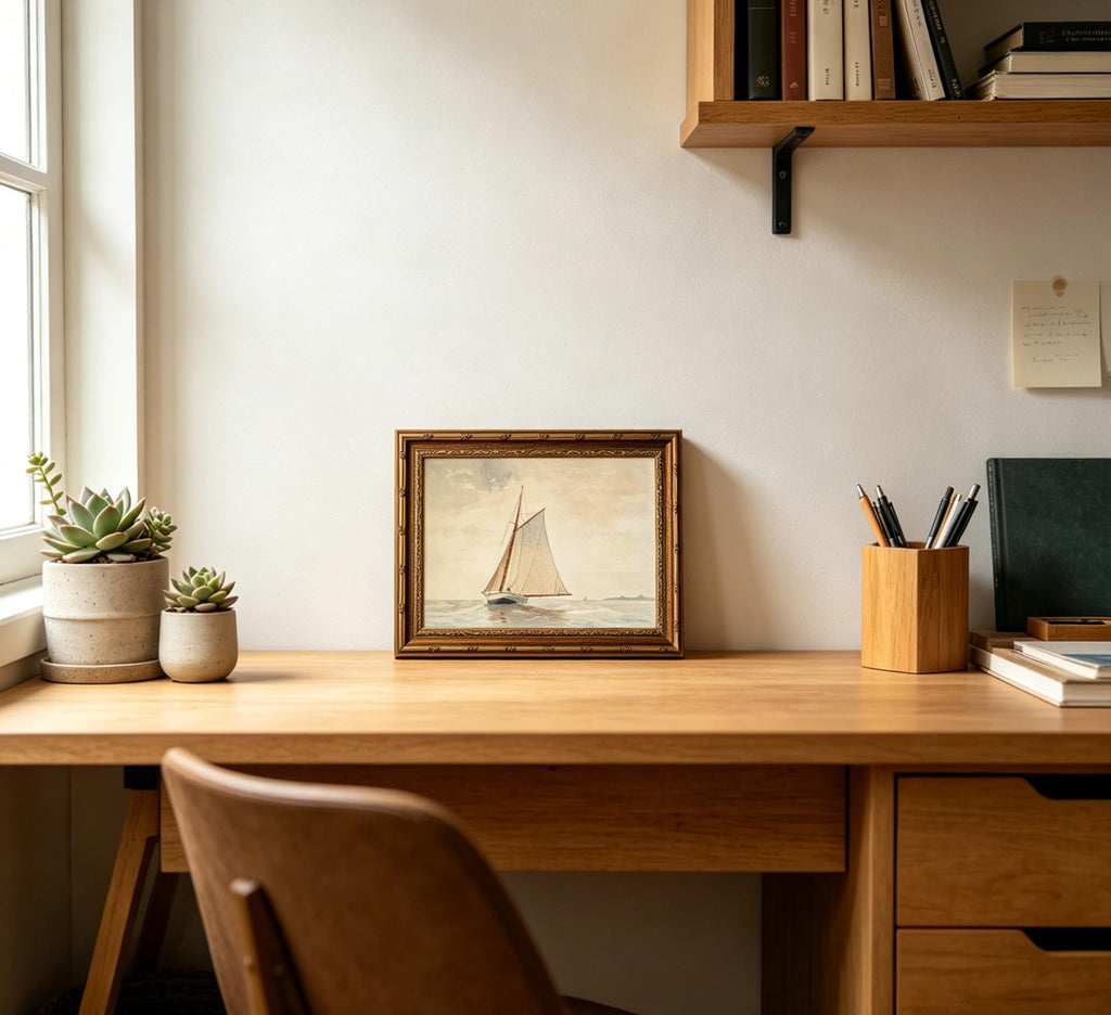 Vintage Gold Framed Sailboat Canvas Wall Art Retro Coastal Neutral Muted Painting Picture Wall Decor Farmhouse