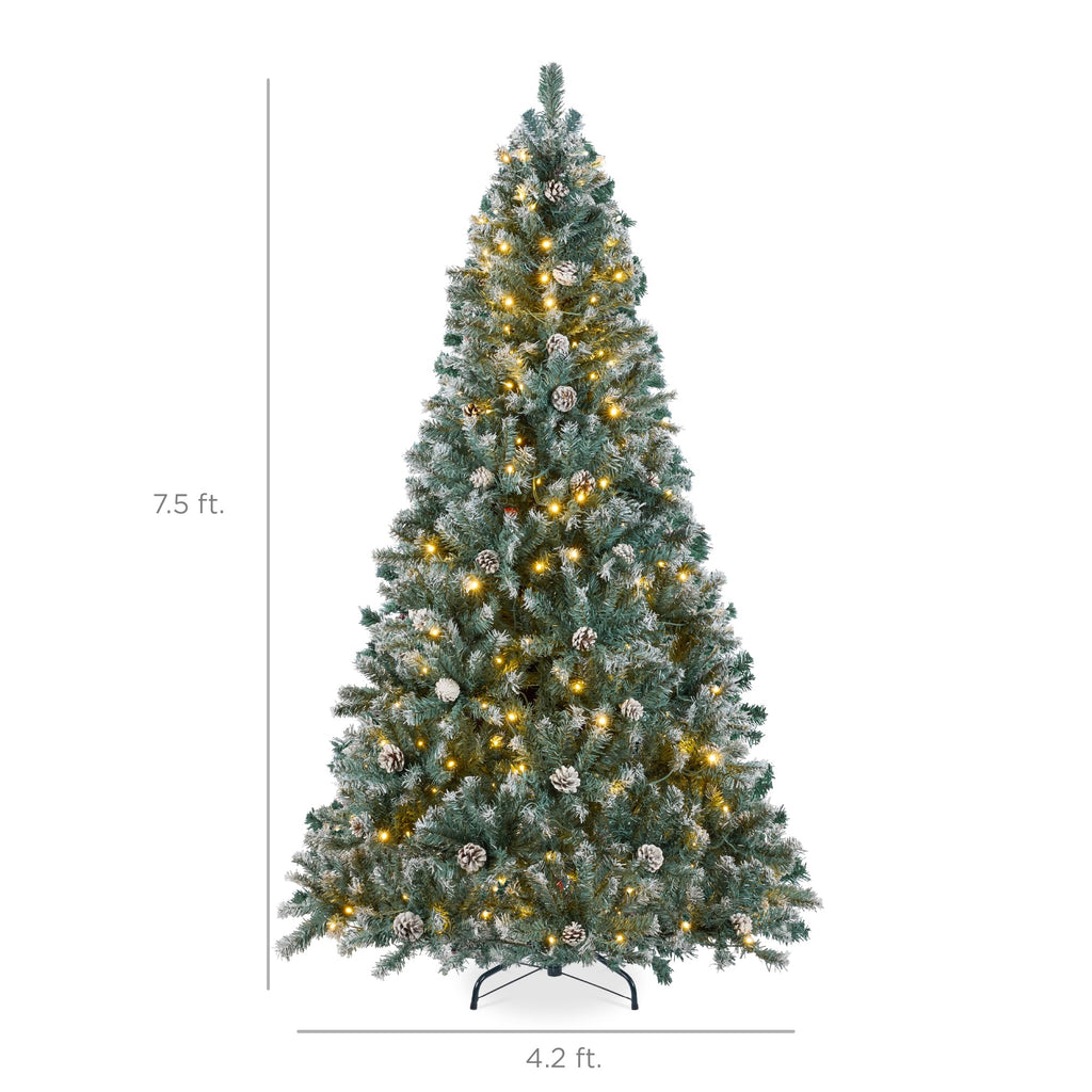 7.5ft Pre-Lit Pre-Decorated Pine Artificial Christmas Tree w/ 1, 346 Flocked Frosted Tips, 80 Pinecones, 550 Lights