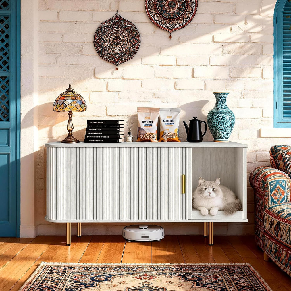 Cat Litter Box Enclosure with Scratch Pad, Sliding Door, 38.5" Cat Litter Furniture Hidden Litter Box Cabinet, Modern