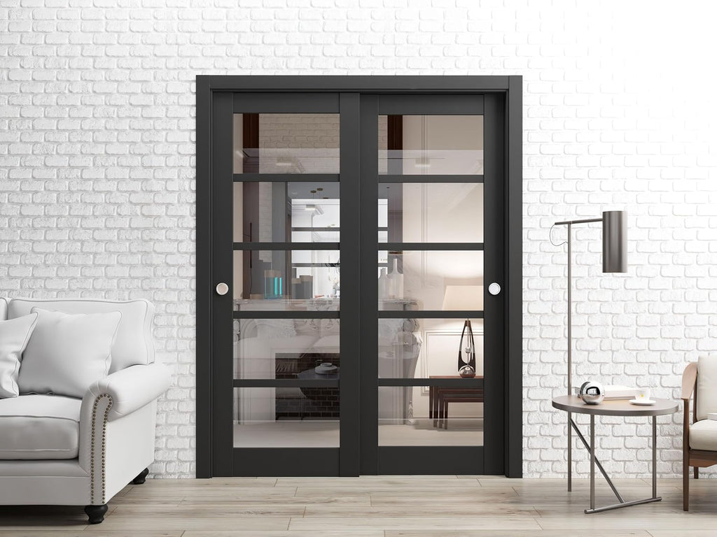 Slab Barn Door Panel | Quadro 4522 Matte Black with Clear Glass | Sturdy Finished Doors | Pocket Clo