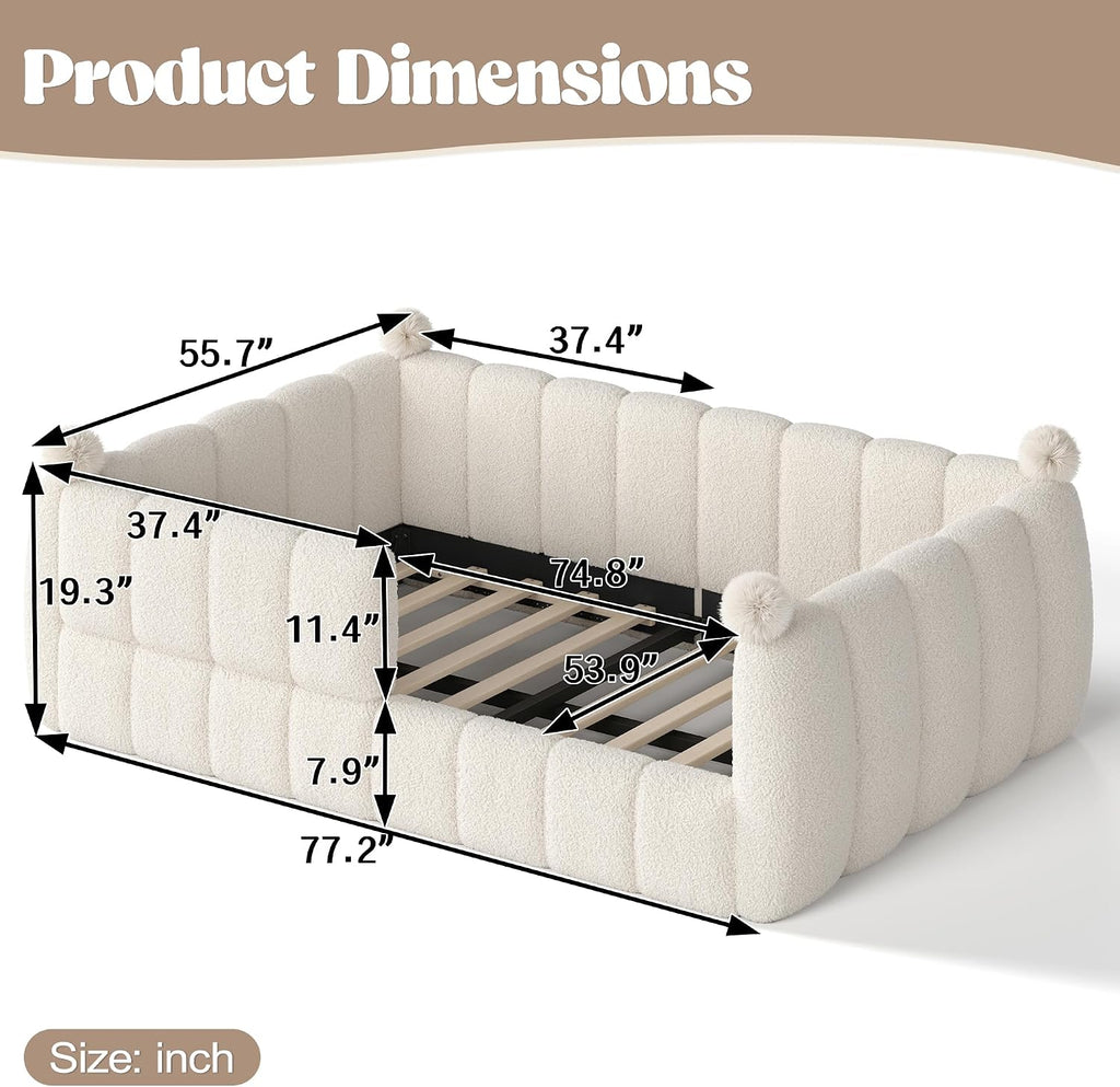 Upholstered Montessori Floor Bed with Fence, Beige