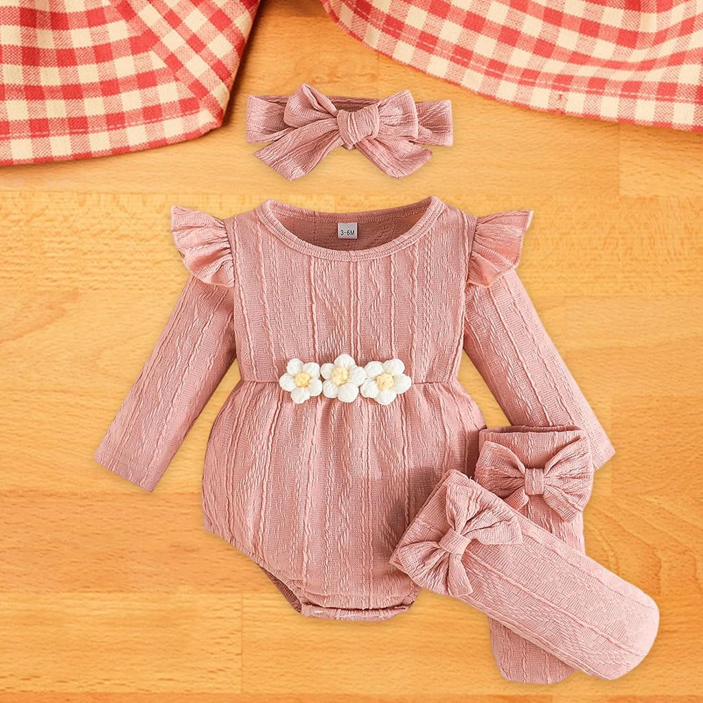 Newborn Infant Baby Girl Cotton Baby Romper Knitted 3d Flower Clothes Long Sleeve Warm Sweater Outfit With Socks