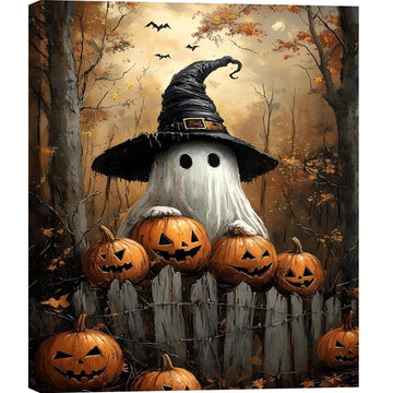 Ghost Wearing Witch Hat Framed Canvas Wall Art 24x36, Spooky Pumpkin Halloween Poster Print, Rustic Farmhouse Wall