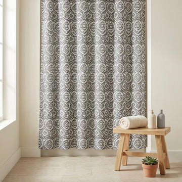 Boho Grey Faabric, Bohemian Floral Medallion Watercolor Design, Gray and White, 100% Cotton, 72x72 Inch