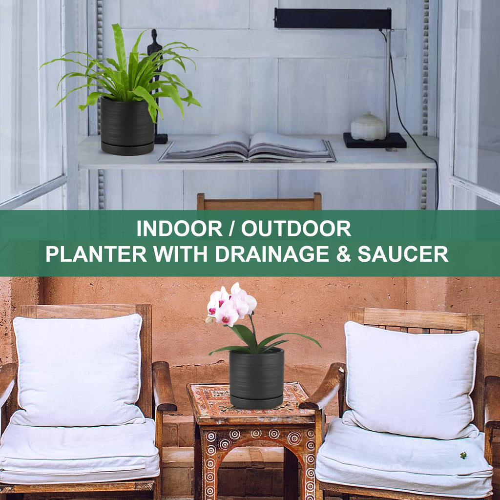 6 Inch Plant Pots, Ceramic Planter Pot with Drainage Hole & Saucer, Indoor/Outdoor Cylinder Round Planter Pot, Matte