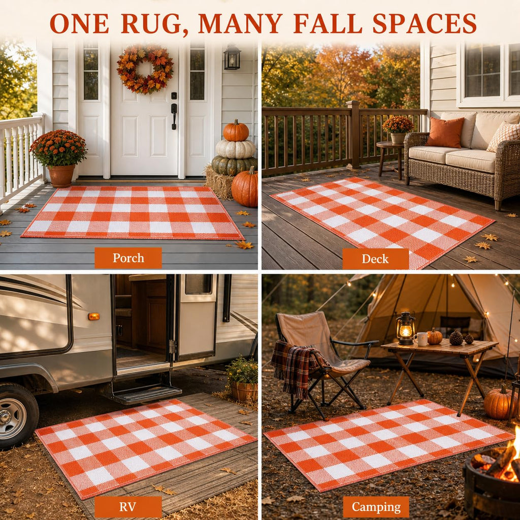 3 x 5 Ft Orange Buffalo Plaid Outdoor Rug Waterproof Reversible Mat