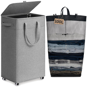 100L Large Rolling Laundry Basket with Wheels and Lid, Gray
