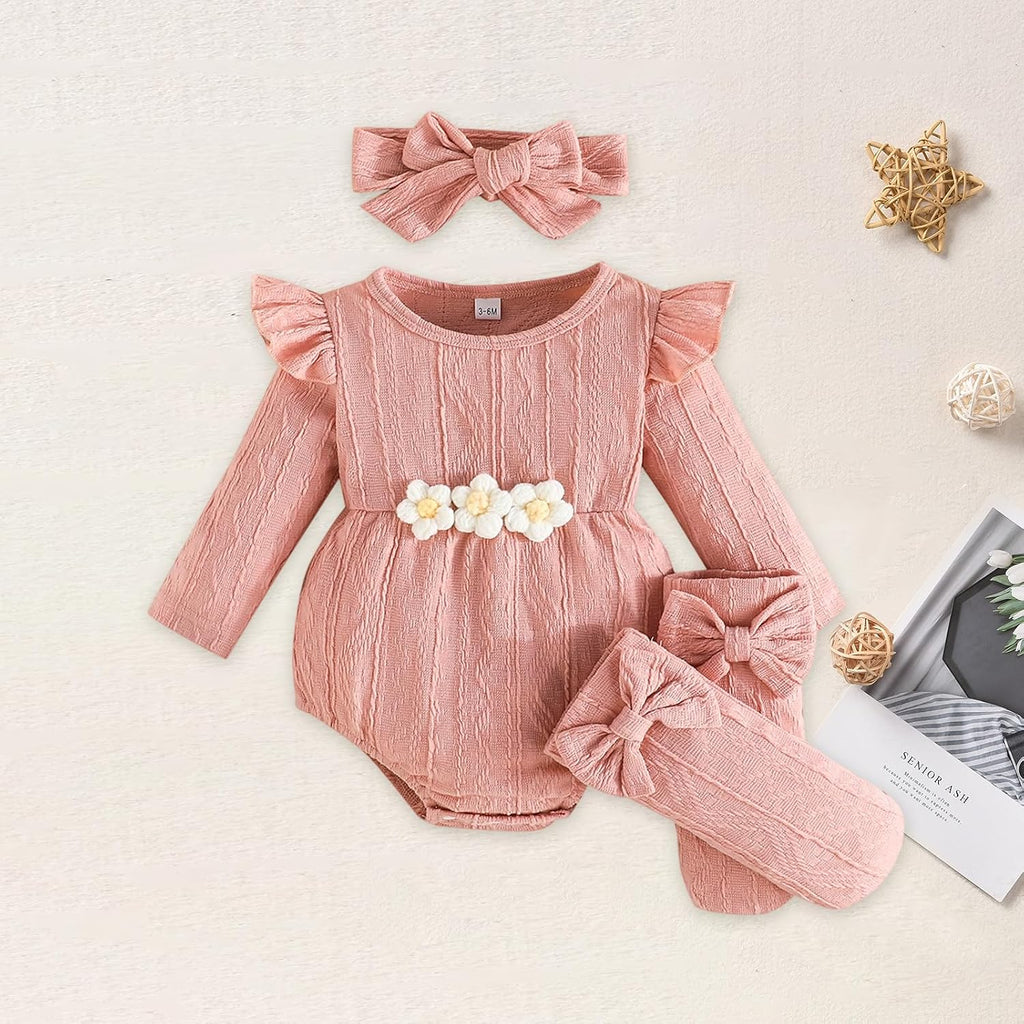 Newborn Infant Baby Girl Cotton Baby Romper Knitted 3d Flower Clothes Long Sleeve Warm Sweater Outfit With Socks