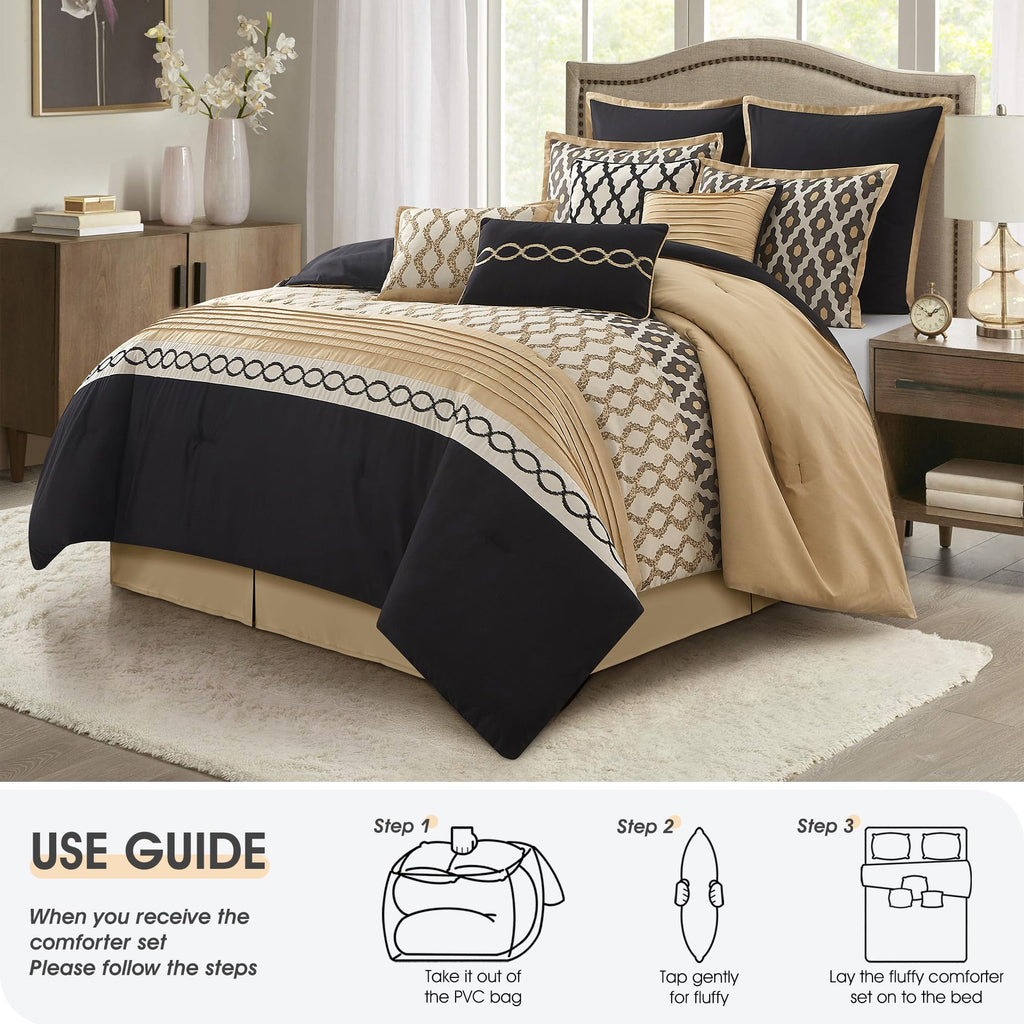 Queen Comforter Set, Black Gold, 10 Piece Bed in a Bag for All Seasons, Luxury Extreme Comfort Bedding Sets with