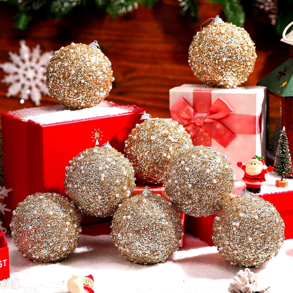 8 Pcs Christmas Ball Ornaments Glitter Sequin, Champagne, 3.15 Inch