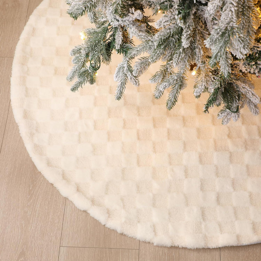 Christmas Tree Skirt 48 Inches White Checkered Faux Fur Rabbit Tree Skirt Soft Holiday Indoor Outdoor Decor for Merry