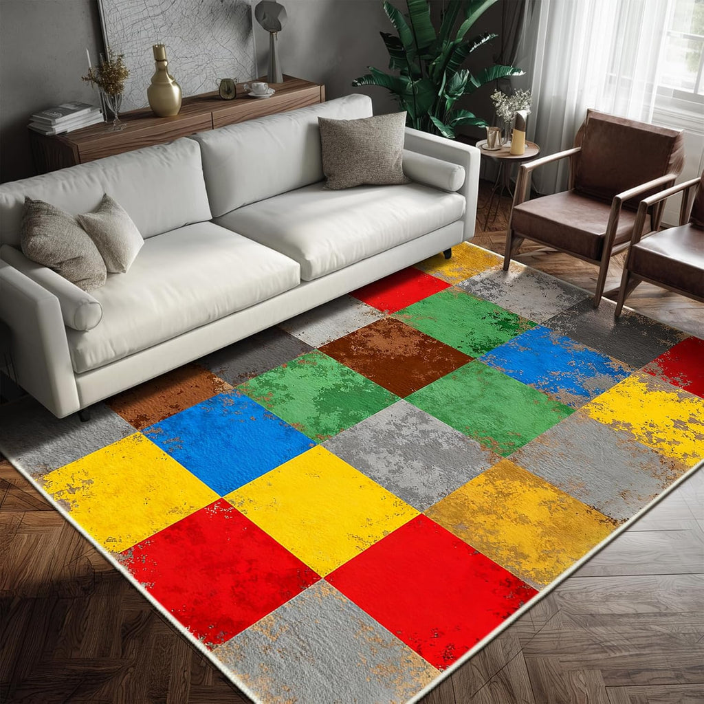 Colorful Retro Checkered Rug Non Slip Geometric Area Rug