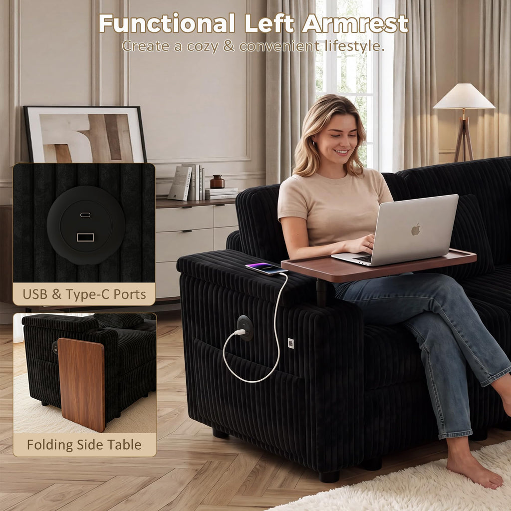 100" Convertible Sectional Sofa Bed, Pull Out Couch Bed with Storage Chaise, Table Board, USB Ports & Cup Holder
