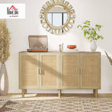 Sideboard Buffet Cabinet, 62" Boho Buffet Table, Rattan Coffee Bar Cabinet with 4 Doors and Shelves for Kitchen
