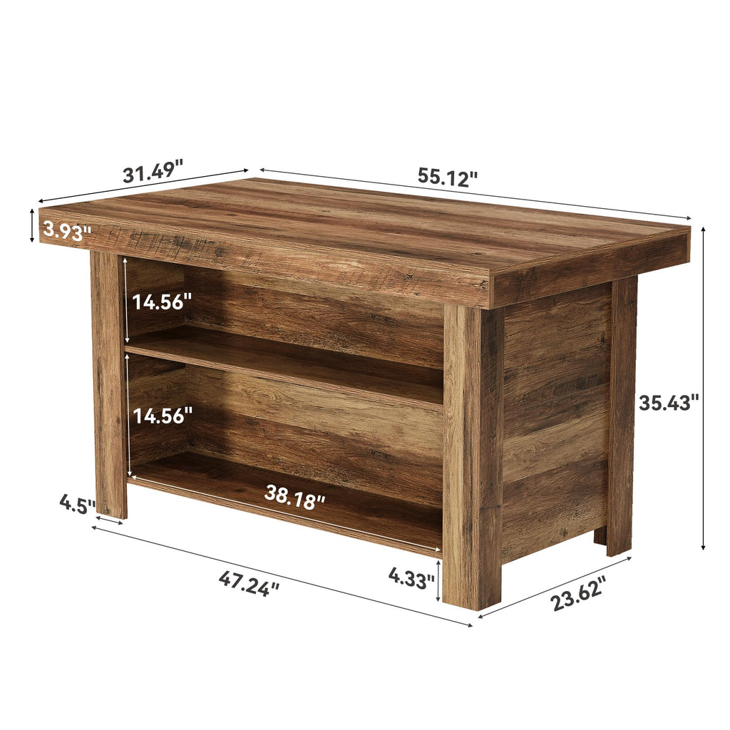 55 Inches Kitchen Island with Storage, 3-Tier Farmhouse Wooden Stationary Island Table with Large Worktop & Leg Room