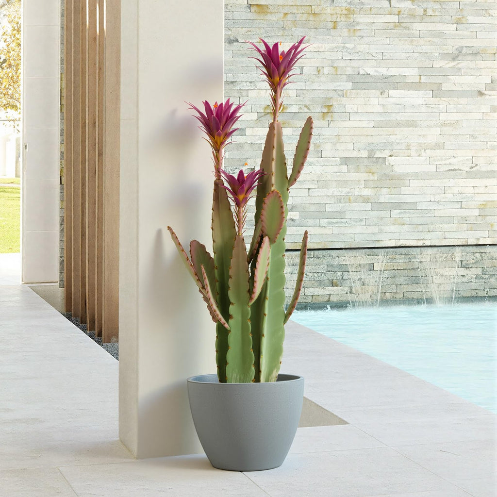 3ft Tall Artificial Cactus with Magenta Flower in Pot, Fake Cacti Plant of Satin Finish Leaves with Real Look