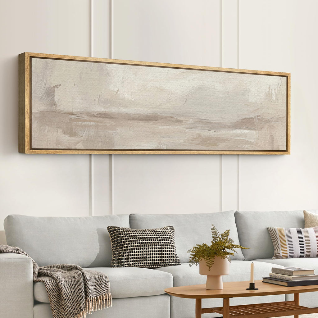 Large Framed Canvas Print Wall Art Neutral Beige Abstract Landscape Illustrations Modern Art Relax/Calm Warm - 60"x20"