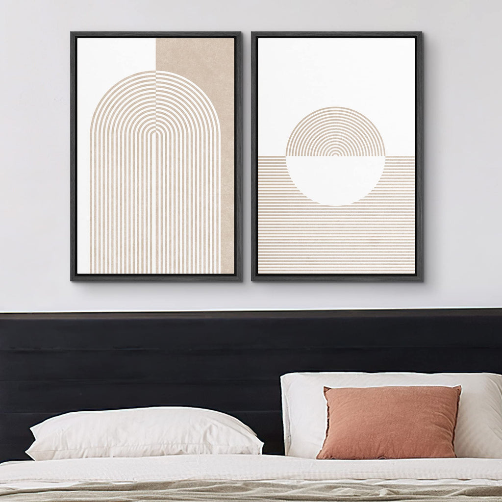 Framed Canvas Print Wall Art Set Pastel Tan Geometric Circle Spirals Abstract Shapes Illustrations Modern Art