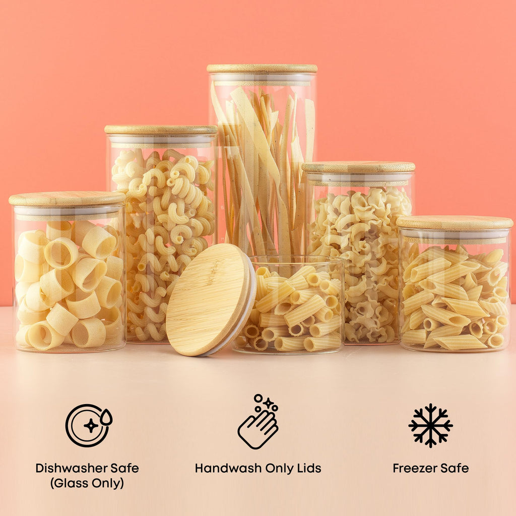 Borosilicate Glass Jars With Bamboo Lids. 6 Pc Set of Air Tight Sealable Containers. Food Jar Canisters with Airtight