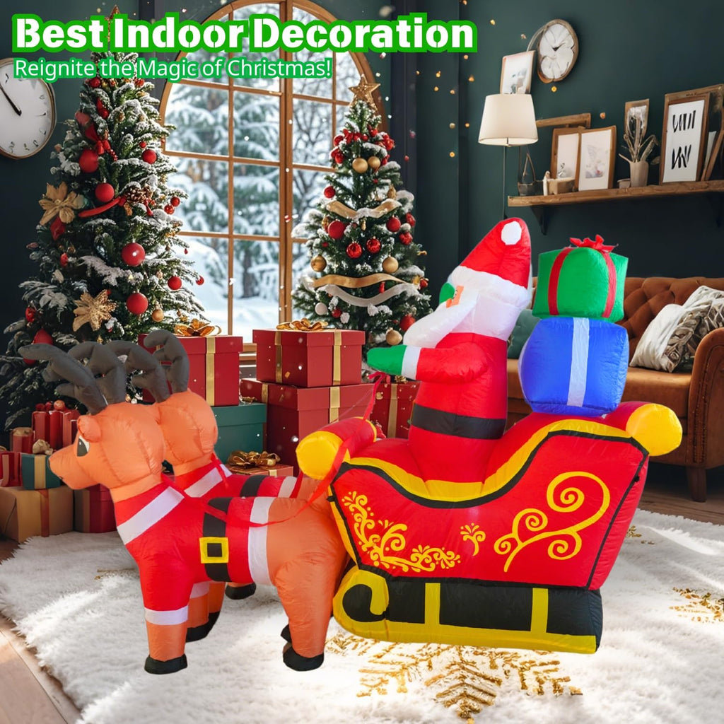 7FT Inflatable Sleigh with Santa and Reindeer Outdoor Decoration, Christmas Blow Up Yard Decorations, Built-in LED
