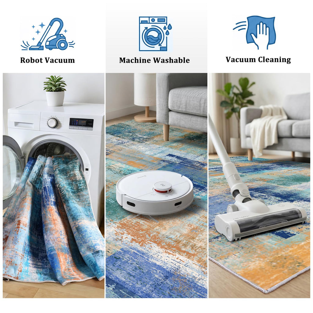 Abstract Runner Rug Washable Runner Rugs Non-Slip Rug Blue Blocks