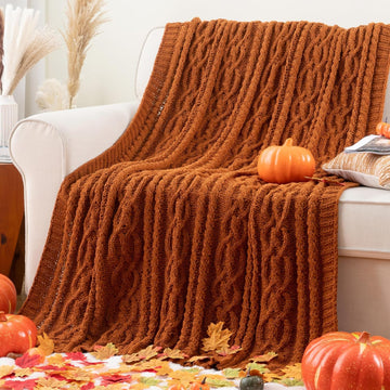 Rust Orange Throw Blanket for Couch, 51" x 67", Cable Knit Blanket