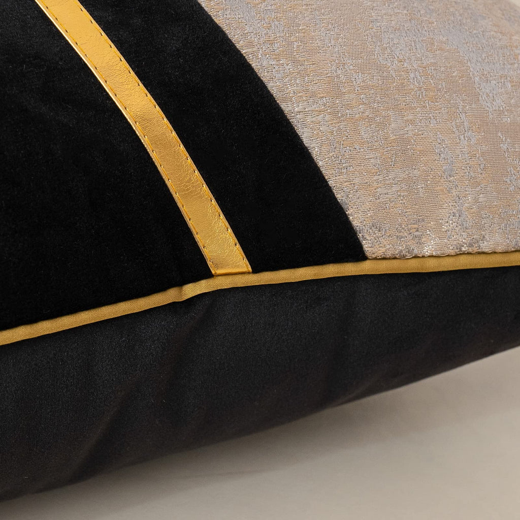 18 x 18 Inch Black Beige Gold Leather Patchwork Velvet & Polyester Cushion Case Luxury Modern Square Throw Pillow