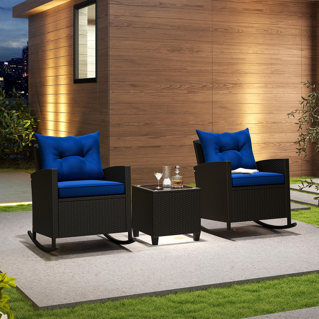 3 Piece Patio Furniture Rocking Bistro Set, Wicker Outdoor Rocking Chairs & Glass Table, PE Rattan Conversation Set