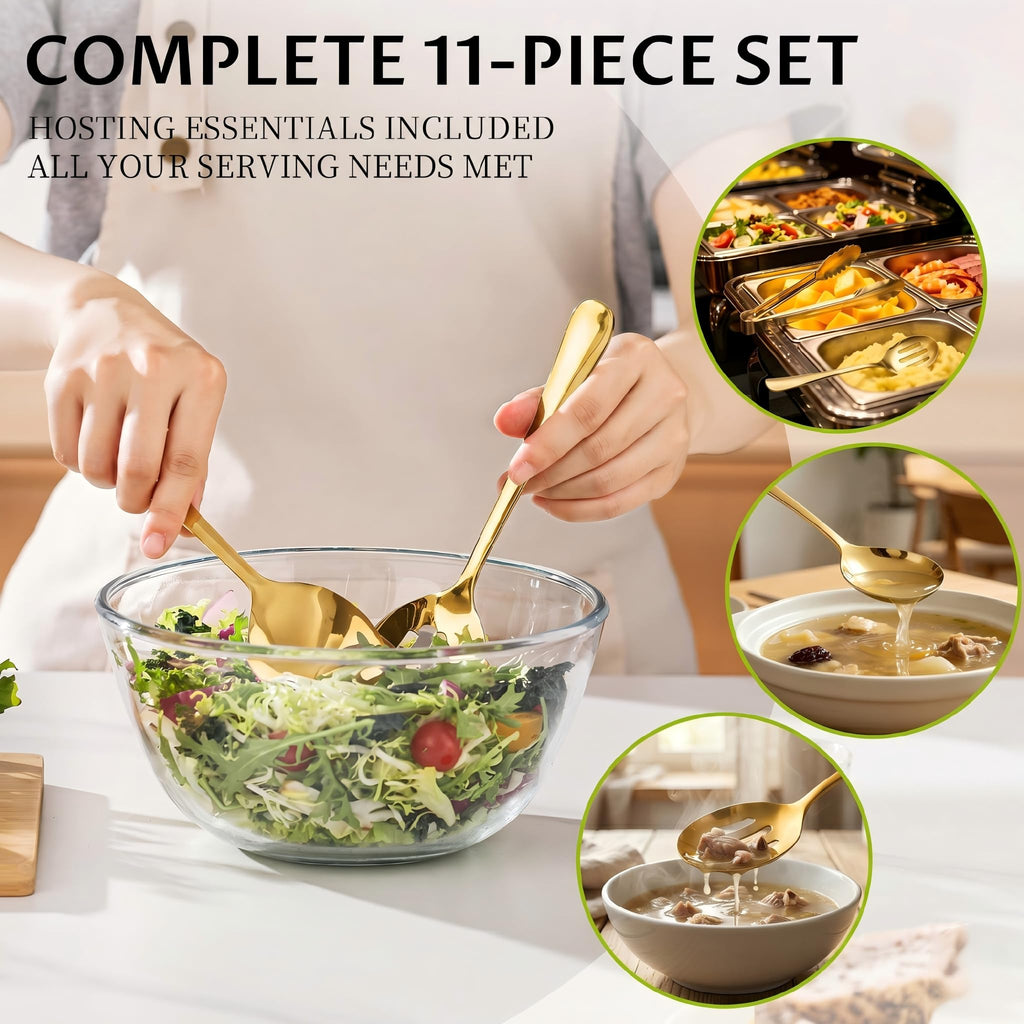 11PCS Stainless Steel Gold Serving Utensils, 8.7''Serving Spoons,8.7''Slotted Spoons, Serving Fork, 9'' Serving
