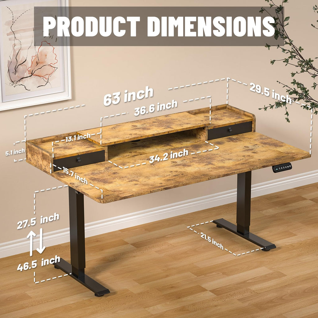 63 x 30 Inch Electric Standing Desk with 2 Drawers, Adjustable Height Widened Stand Up Desk with Storage, Sit to