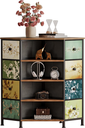 8 Drawers Corner Dresser with Fabric Drawers and Shelf | Retro Corner dresser with wooden top&4 open shelves,Corner