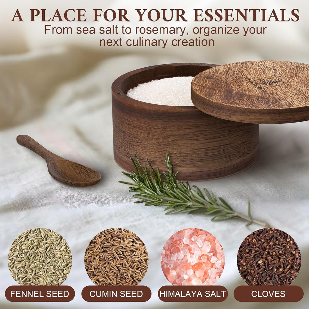 Salt Cellar with Lid & Spoon, Acacia Wood Salt Container, Salt Holder