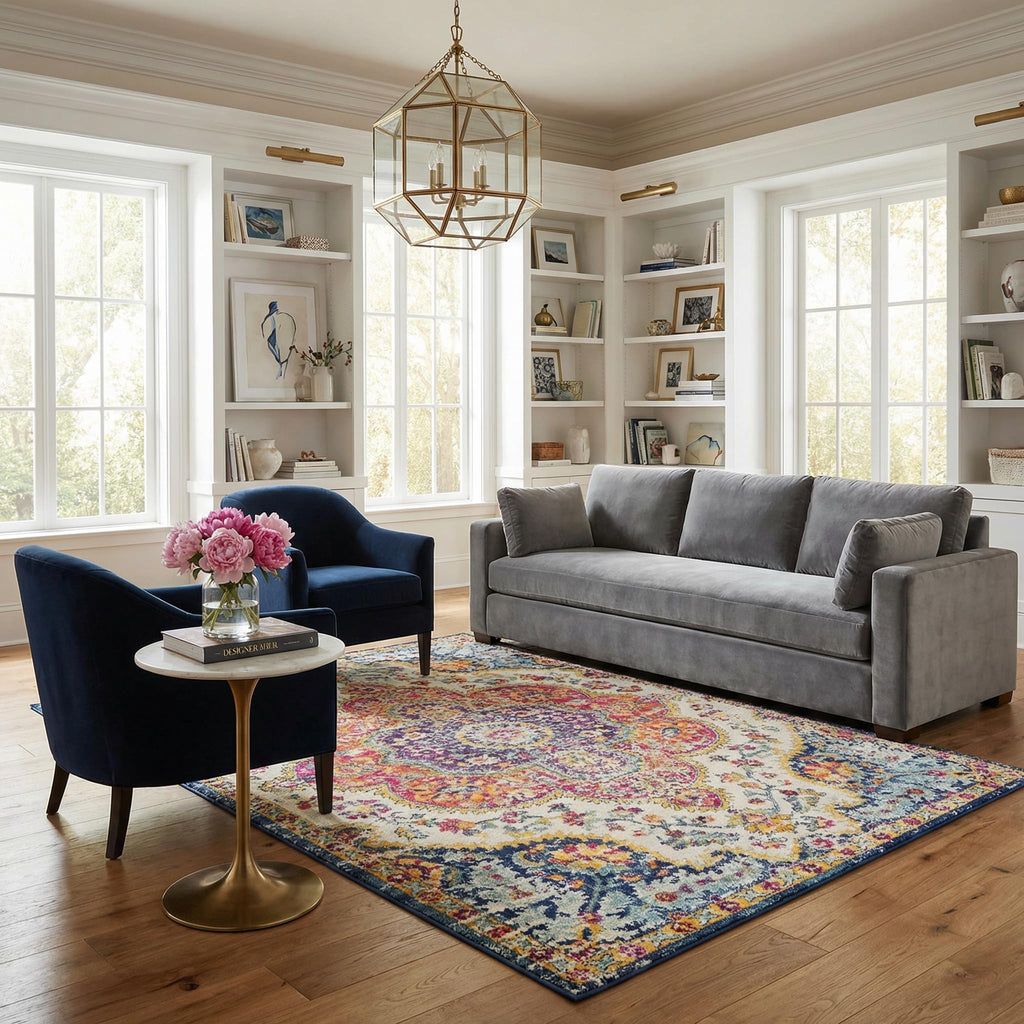 Light Gray Vintage Persian-Style Medallion Large Area Rug Traditional White Fuchsia Mustard Orange Sky Blue Navy