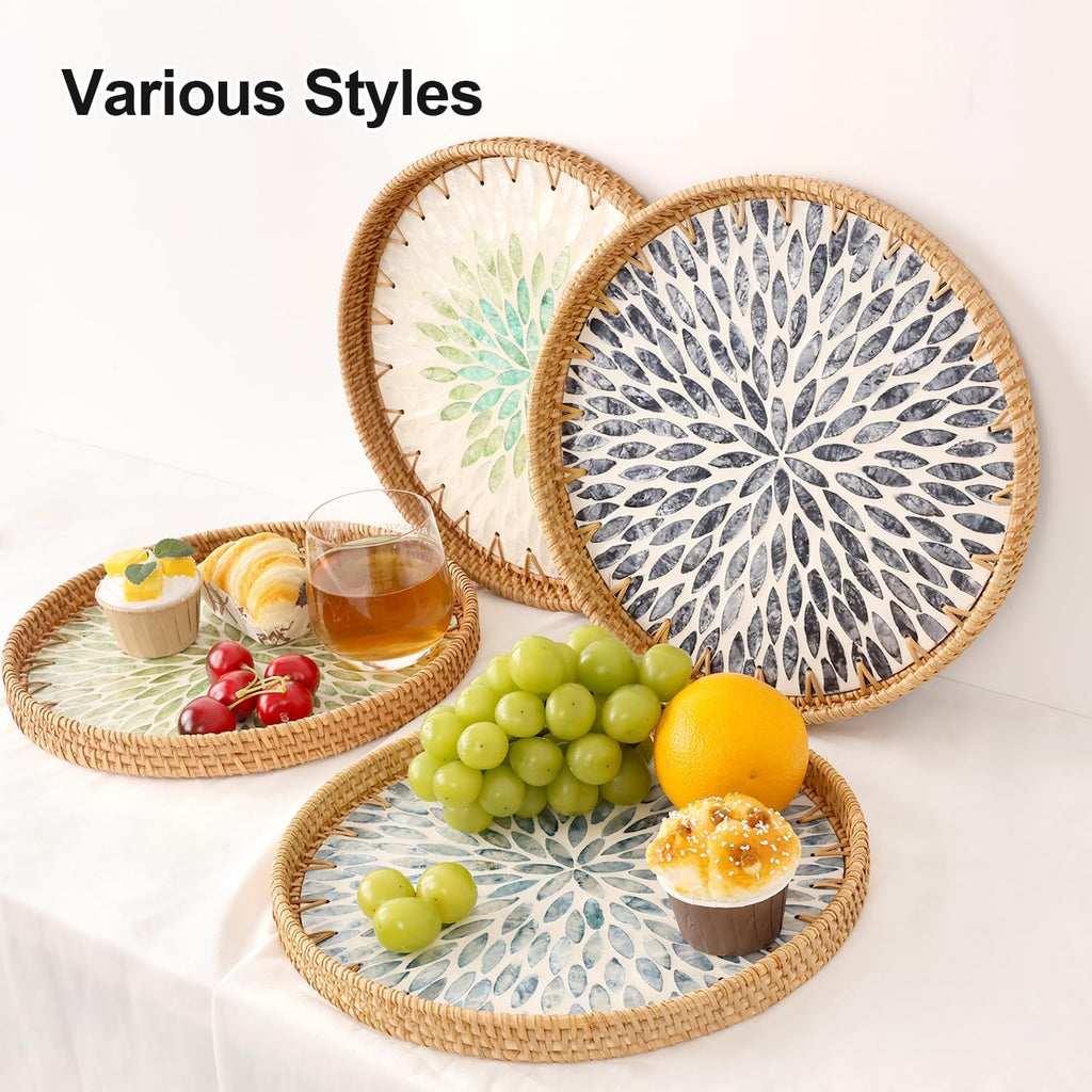 Round Rattan Tray with Mother of Pearl Inlay, Rattan Serving Tray for Coffee, Bread, Fruits, Decorative Wicker Tray
