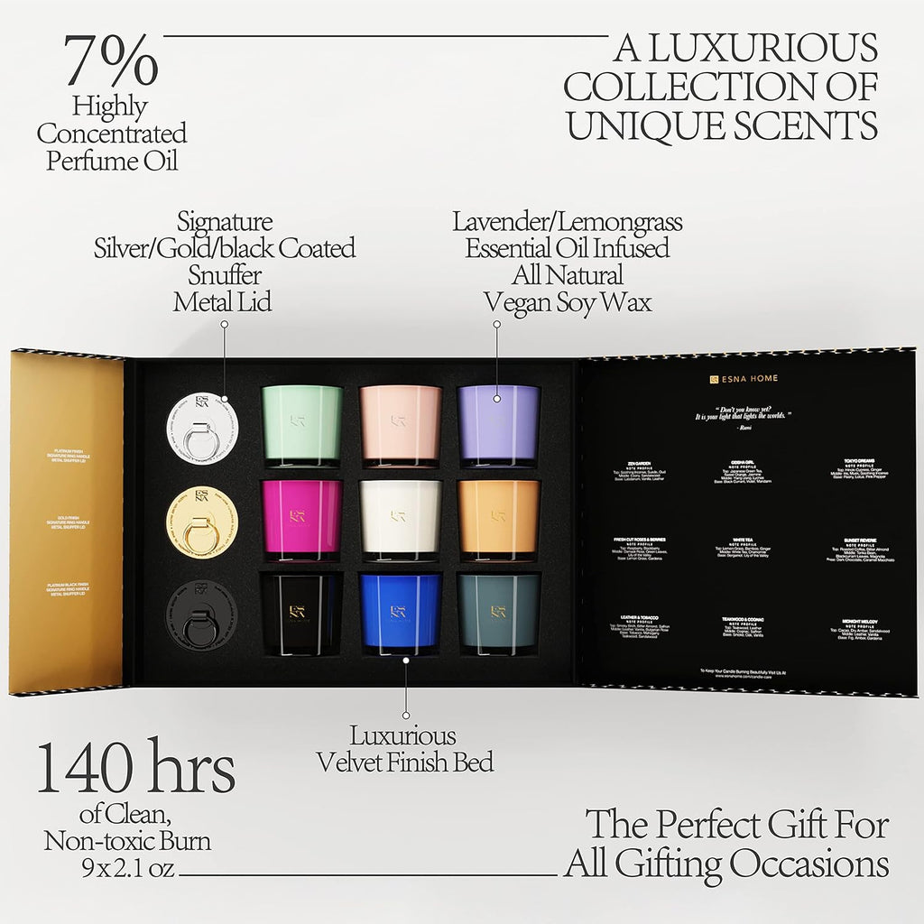 Luxury Aromatherapy Scented Candle Gift Set 9 Votive Candle Archive Set Packed to Perfection in Premium Magnetic Gift - Set of 9